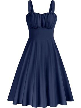 Women's Navy Blue Vintage A-Line Midi Cocktail Tea Party Wedding Guest Dress